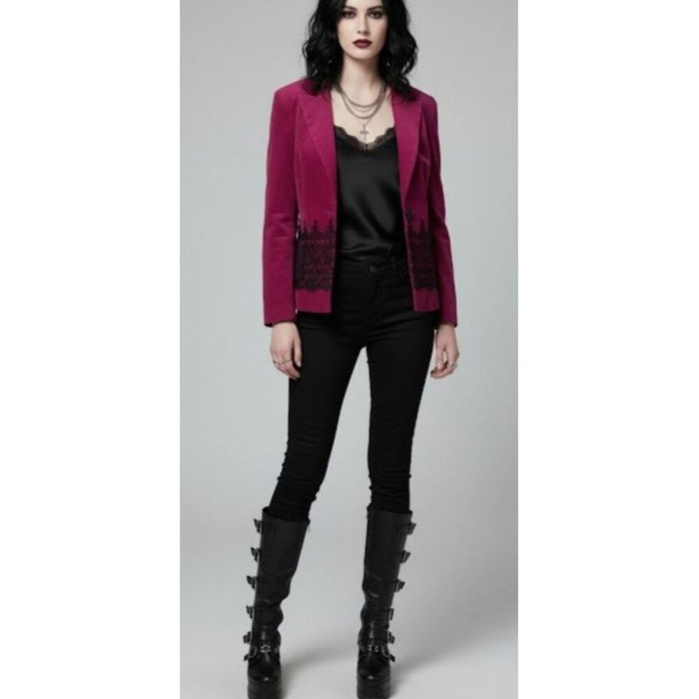 Maggy London Womens Fuchsia Blazer Jacket With Black Lace Trim Size 12 - Picture 6 of 14